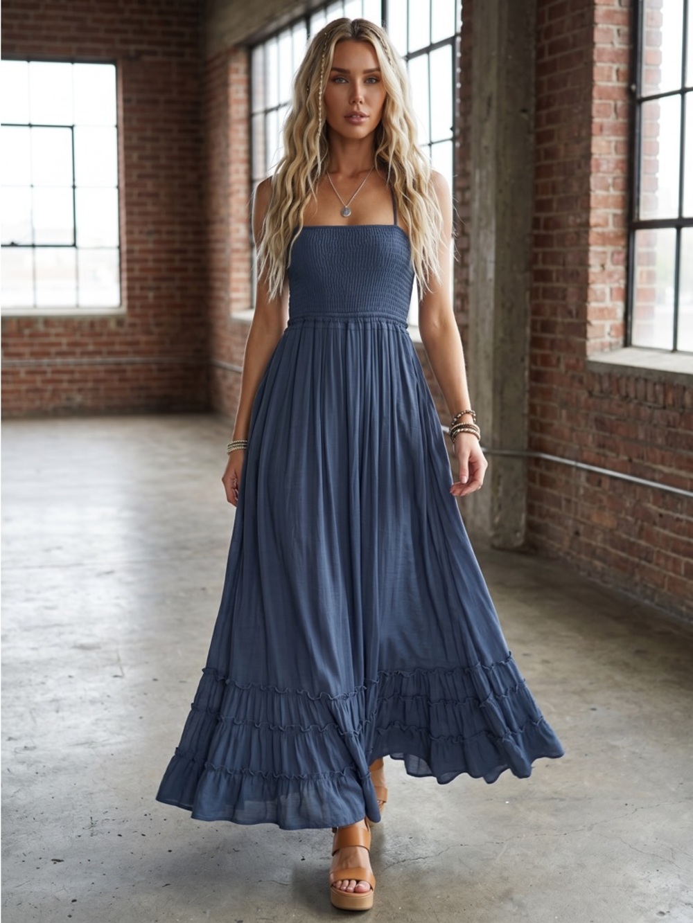 NWT Tiered Boho Smocked Halter Strappy Back Maxi Dress Navy Blue